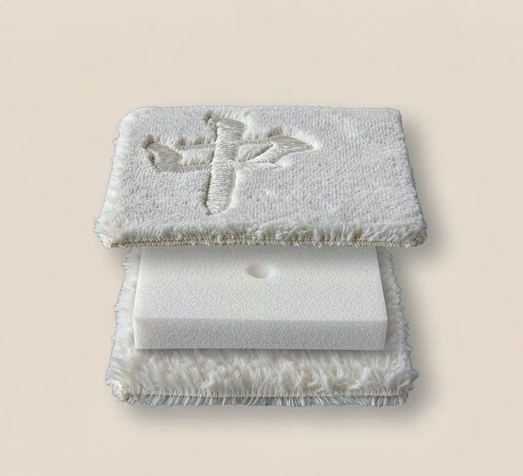 Exploded view of a plush mahjong tile: short plush face, foam block core and long pile back