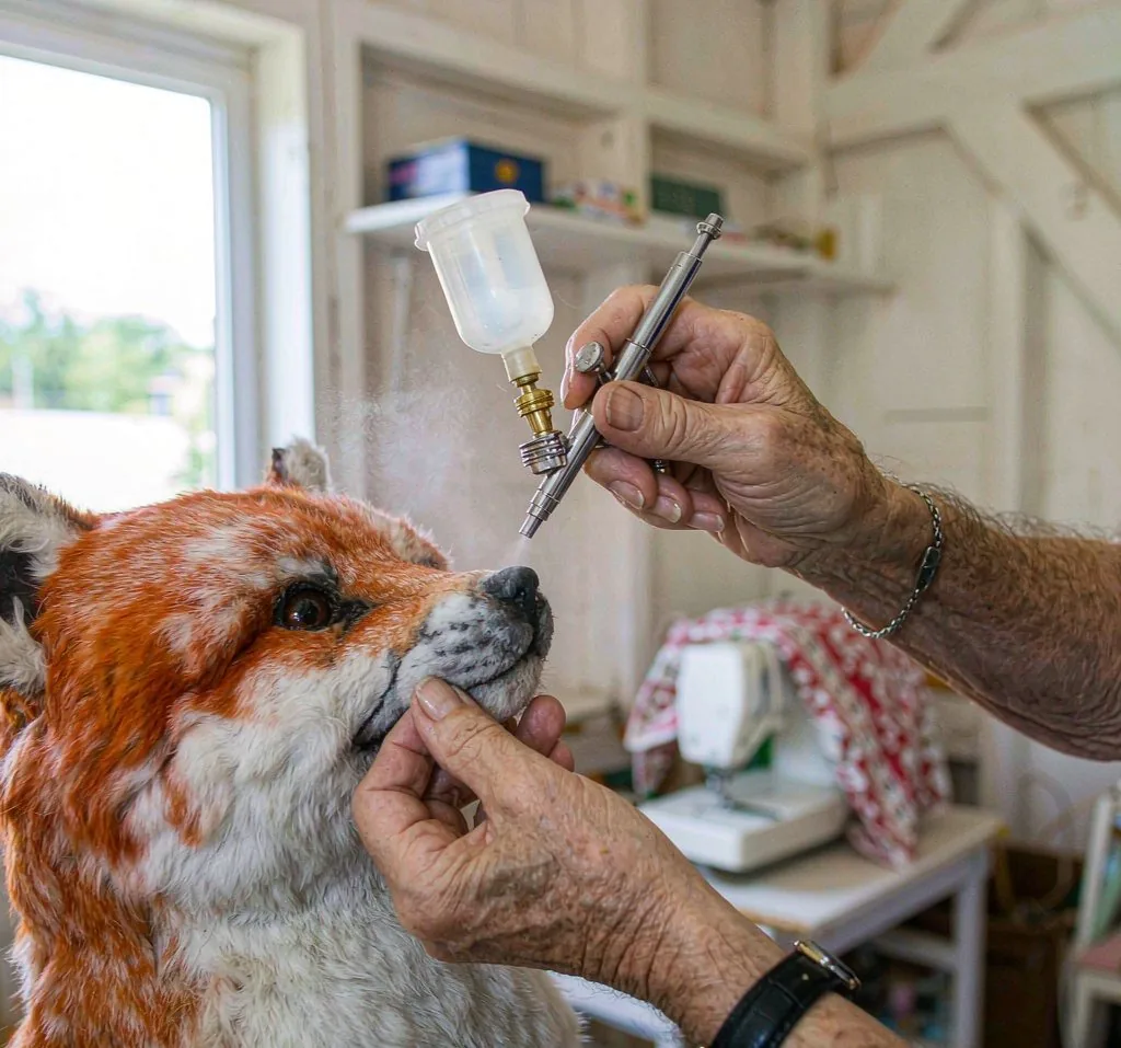 An artisan airbrushing the muzzle of a realistic plush fox in the workshop